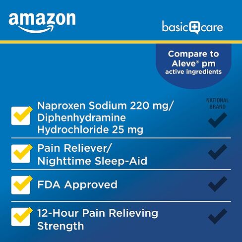أمازون بيسك كير لتخفيف الآلام طوال الليل، نابروكسين الصوديوم، 220 مجم/ديفينهيدرامين هيدروكلوريد، 25 مجم أقراص، مسكن للألم/مساعد للنوم أثناء الليل، 160 قرص in Kuwait