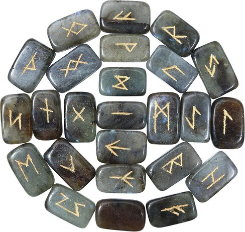 Crocon Sunstone rectangle shape gemstone runes with Elder Futhark Alphabet Engraved 25 pcs rune set Crystal Divination metaphysical Healing Chakra Reiki runes set with a pouch Size : 20-25mm in Kuwait