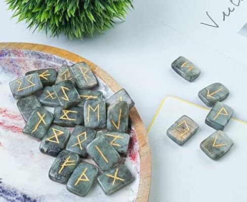 Crocon Sunstone rectangle shape gemstone runes with Elder Futhark Alphabet Engraved 25 pcs rune set Crystal Divination metaphysical Healing Chakra Reiki runes set with a pouch Size : 20-25mm in Kuwait