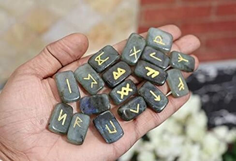 Crocon Sunstone rectangle shape gemstone runes with Elder Futhark Alphabet Engraved 25 pcs rune set Crystal Divination metaphysical Healing Chakra Reiki runes set with a pouch Size : 20-25mm in Kuwait