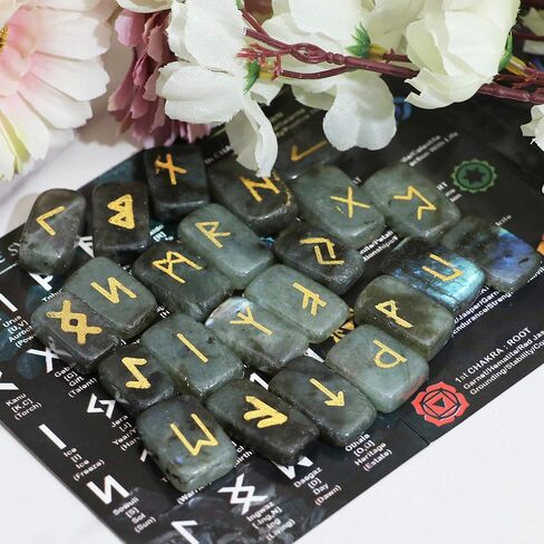 Crocon Sunstone rectangle shape gemstone runes with Elder Futhark Alphabet Engraved 25 pcs rune set Crystal Divination metaphysical Healing Chakra Reiki runes set with a pouch Size : 20-25mm in Kuwait