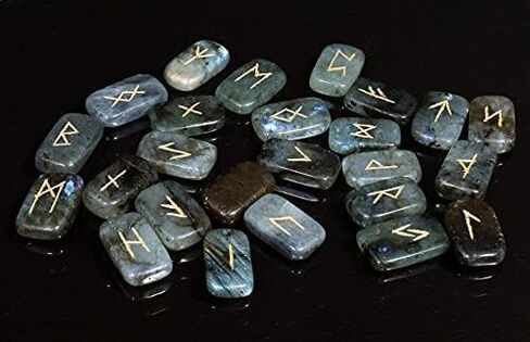 Crocon Sunstone rectangle shape gemstone runes with Elder Futhark Alphabet Engraved 25 pcs rune set Crystal Divination metaphysical Healing Chakra Reiki runes set with a pouch Size : 20-25mm in Kuwait