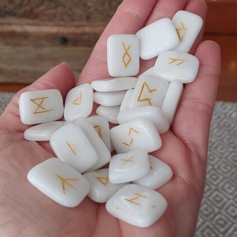Crocon Sunstone rectangle shape gemstone runes with Elder Futhark Alphabet Engraved 25 pcs rune set Crystal Divination metaphysical Healing Chakra Reiki runes set with a pouch Size : 20-25mm in Kuwait