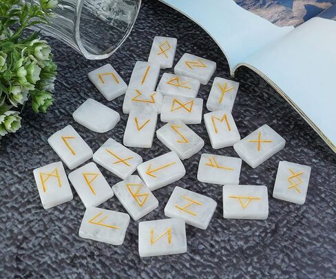 Crocon Sunstone rectangle shape gemstone runes with Elder Futhark Alphabet Engraved 25 pcs rune set Crystal Divination metaphysical Healing Chakra Reiki runes set with a pouch Size : 20-25mm in Kuwait