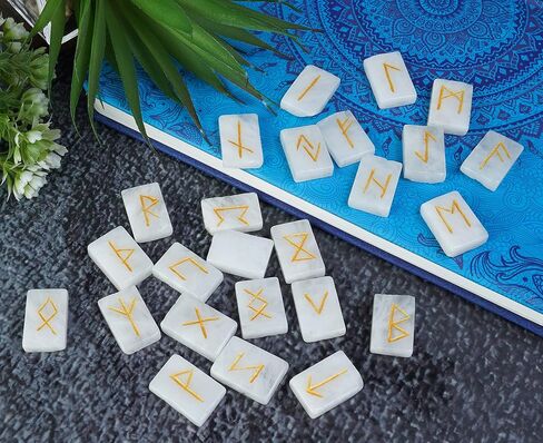 Crocon Sunstone rectangle shape gemstone runes with Elder Futhark Alphabet Engraved 25 pcs rune set Crystal Divination metaphysical Healing Chakra Reiki runes set with a pouch Size : 20-25mm in Kuwait