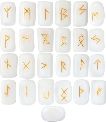Crocon Sunstone rectangle shape gemstone runes with Elder Futhark Alphabet Engraved 25 pcs rune set Crystal Divination metaphysical Healing Chakra Reiki runes set with a pouch Size : 20-25mm in Kuwait