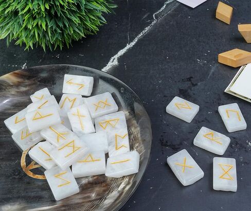 Crocon Sunstone rectangle shape gemstone runes with Elder Futhark Alphabet Engraved 25 pcs rune set Crystal Divination metaphysical Healing Chakra Reiki runes set with a pouch Size : 20-25mm in Kuwait