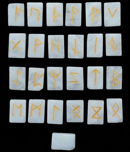 Crocon Sunstone rectangle shape gemstone runes with Elder Futhark Alphabet Engraved 25 pcs rune set Crystal Divination metaphysical Healing Chakra Reiki runes set with a pouch Size : 20-25mm in Kuwait