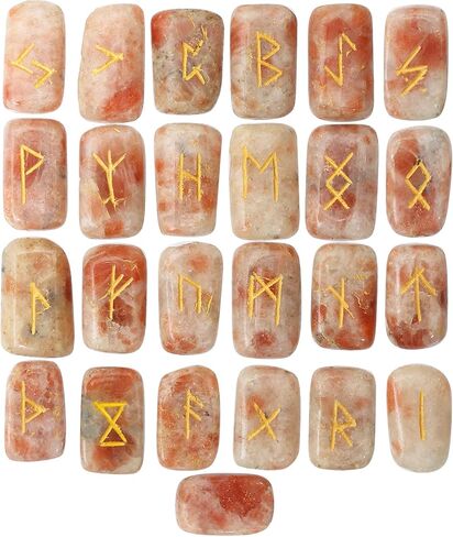 Crocon Sunstone rectangle shape gemstone runes with Elder Futhark Alphabet Engraved 25 pcs rune set Crystal Divination metaphysical Healing Chakra Reiki runes set with a pouch Size : 20-25mm in Kuwait