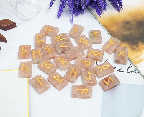 Crocon Sunstone rectangle shape gemstone runes with Elder Futhark Alphabet Engraved 25 pcs rune set Crystal Divination metaphysical Healing Chakra Reiki runes set with a pouch Size : 20-25mm in Kuwait