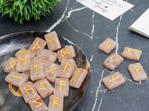 Crocon Sunstone rectangle shape gemstone runes with Elder Futhark Alphabet Engraved 25 pcs rune set Crystal Divination metaphysical Healing Chakra Reiki runes set with a pouch Size : 20-25mm in Kuwait