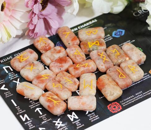 Crocon Sunstone rectangle shape gemstone runes with Elder Futhark Alphabet Engraved 25 pcs rune set Crystal Divination metaphysical Healing Chakra Reiki runes set with a pouch Size : 20-25mm in Kuwait