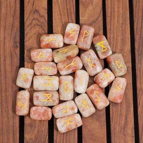 Crocon Sunstone rectangle shape gemstone runes with Elder Futhark Alphabet Engraved 25 pcs rune set Crystal Divination metaphysical Healing Chakra Reiki runes set with a pouch Size : 20-25mm in Kuwait