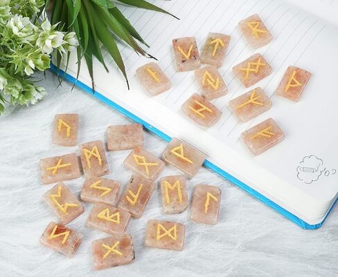 Crocon Sunstone rectangle shape gemstone runes with Elder Futhark Alphabet Engraved 25 pcs rune set Crystal Divination metaphysical Healing Chakra Reiki runes set with a pouch Size : 20-25mm in Kuwait