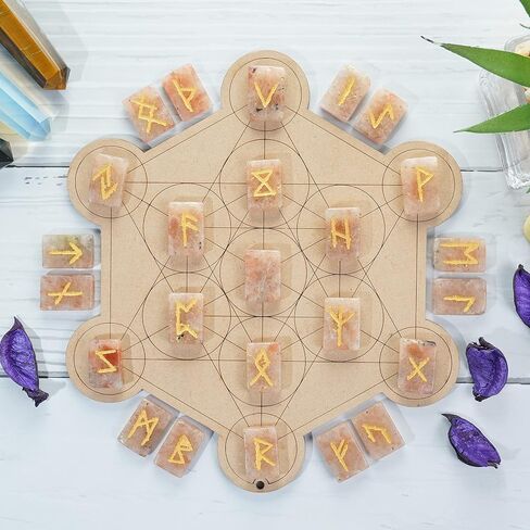 Crocon Sunstone rectangle shape gemstone runes with Elder Futhark Alphabet Engraved 25 pcs rune set Crystal Divination metaphysical Healing Chakra Reiki runes set with a pouch Size : 20-25mm in Kuwait