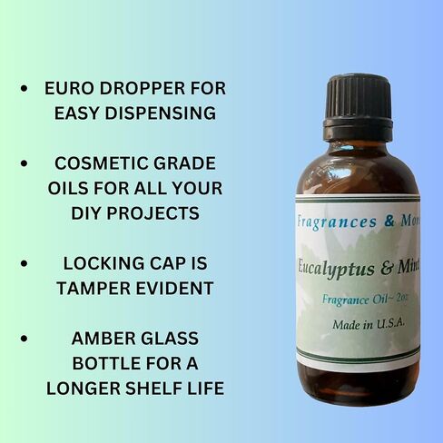 فراجرانسز اند مور زيت عطري فاخر برائحة الاوكالبتوس والنعناع لتعزيز صناعة الشموع والصابون ومنتجات الاستحمام والجسم والروائح العلاجية للمكتب والمنزل - زجاجة كهرمانية بسعة 2 اونصة (60 مل) in Kuwait