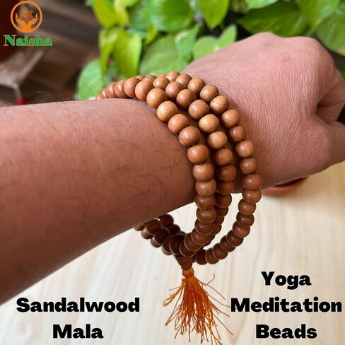 NAISHA Sandalwood 108 Beads Rosary Mala 8mm, Tibetan Prayer Beads -Yoga Meditation Bead Necklace - Hand Knotted Japa Mala Large Size Wearing and Jaap Chanting Buddha Prayer Beads in Saudi Arabia