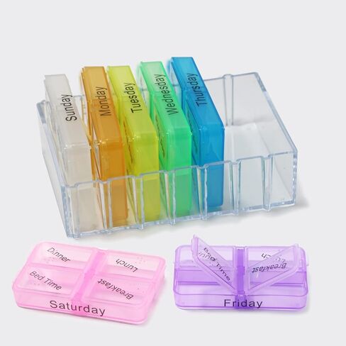 منظم حبوب الادوية الاسبوعي لمدة 7 ايام، صندوق صغير لتنظيم حبوب الدواء 4 مرات في اليوم، منظم فيتامين يوميا، منظم حبوب دواء، حاوية دواء، منظم للادوية والمكملات الغذائية واغطية شفافة وزيوت السمك in Kuwait