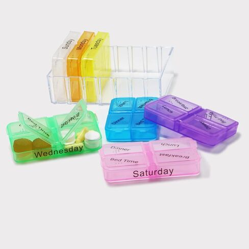 منظم حبوب الادوية الاسبوعي لمدة 7 ايام، صندوق صغير لتنظيم حبوب الدواء 4 مرات في اليوم، منظم فيتامين يوميا، منظم حبوب دواء، حاوية دواء، منظم للادوية والمكملات الغذائية واغطية شفافة وزيوت السمك in Kuwait