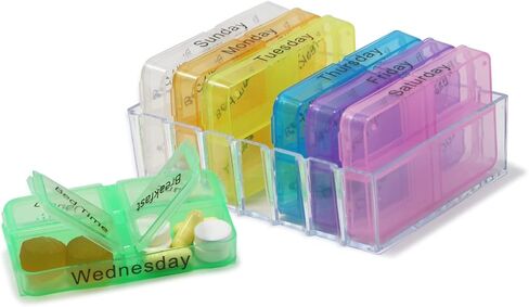 منظم حبوب الادوية الاسبوعي لمدة 7 ايام، صندوق صغير لتنظيم حبوب الدواء 4 مرات في اليوم، منظم فيتامين يوميا، منظم حبوب دواء، حاوية دواء، منظم للادوية والمكملات الغذائية واغطية شفافة وزيوت السمك in Kuwait