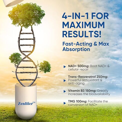 360 كبسولة من Zenlifer - NAD+ 1000 مجم مكمل تعزيز ريسفيراترول - أكثر كفاءة من NMN - نيكوتيناميد ريبوسيد لاستقلاب الطاقة الخلوية وإصلاحها والحيوية والشيخوخة الصحية in Kuwait