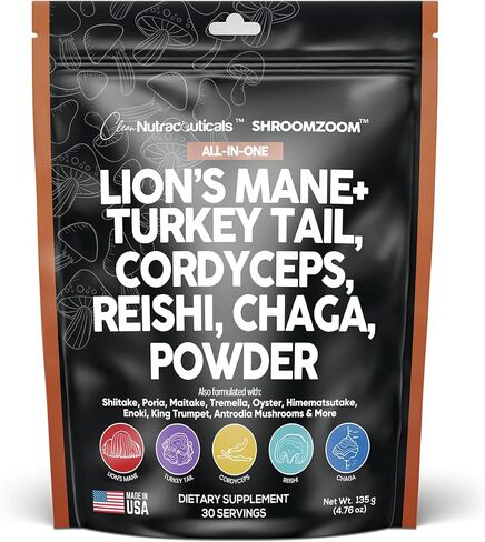 مكمل مركب مسحوق الفطر مع فطر عرف الأسود ومستخلص ذيل الديك الرومي كورديسيبس تشاجا ريشي مايتاكي ميشيما بوريا شيتاكي بورسيني إينوكي - مزيج مزيج الفطر العضوي - صنع في الولايات المتحدة الأمريكية in Kuwait