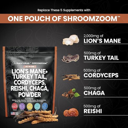 مكمل مركب مسحوق الفطر مع فطر عرف الأسود ومستخلص ذيل الديك الرومي كورديسيبس تشاجا ريشي مايتاكي ميشيما بوريا شيتاكي بورسيني إينوكي - مزيج مزيج الفطر العضوي - صنع في الولايات المتحدة الأمريكية in Kuwait