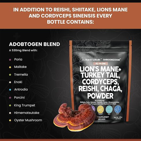 مكمل مركب مسحوق الفطر مع فطر عرف الأسود ومستخلص ذيل الديك الرومي كورديسيبس تشاجا ريشي مايتاكي ميشيما بوريا شيتاكي بورسيني إينوكي - مزيج مزيج الفطر العضوي - صنع في الولايات المتحدة الأمريكية in Kuwait