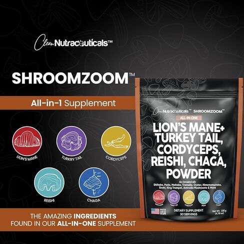 مكمل مركب مسحوق الفطر مع فطر عرف الأسود ومستخلص ذيل الديك الرومي كورديسيبس تشاجا ريشي مايتاكي ميشيما بوريا شيتاكي بورسيني إينوكي - مزيج مزيج الفطر العضوي - صنع في الولايات المتحدة الأمريكية in Kuwait