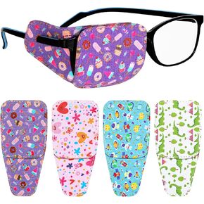 Haysandy 4 Pcs Eye Patches for Kids Reusable Eyepatch for Glasses to Cover Either Eye, Pink Blue Green White, 4 Styles (Animal Style)