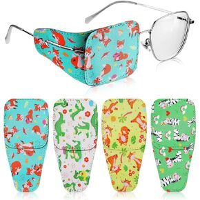 Haysandy 4 Pcs Eye Patches for Kids Reusable Eyepatch for Glasses to Cover Either Eye, Pink Blue Green White, 4 Styles (Animal Style)