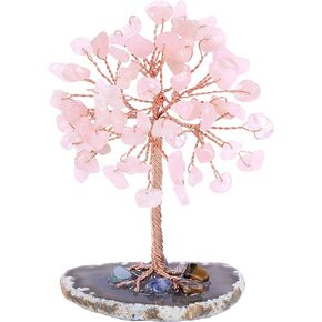 Jovivi Natural Pink Rose Quartz Crystal Tree on Agate Slice Base Healing Stones Gem Money Tree for Home Office Table Decorations