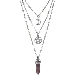 papasgix Amethyst Crystal Necklaces Spiritual, Quartz Healing Crystal Necklace Pendant Jewelry with Moon Sun and Star, Layered Healing Crystals Stone Necklaces for Women