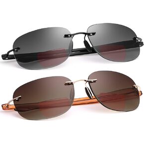 2 Pairs Rimless Bifocal Reading Glasses UV400 Protection Sunglasses Blue Light Blocking Lightweight Sun Readers for Unisex Men Women Outdoor Driving Safety Eyeglasses Tinted Lens Shades Eyewear 1.0