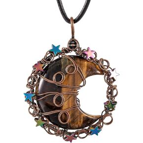 TUMBEELLUWA Crescent Moon Star Crystal Necklace for Women Men Reiki Healing Stone Copper Wire Wrapped Pendant with Adjustable Cord