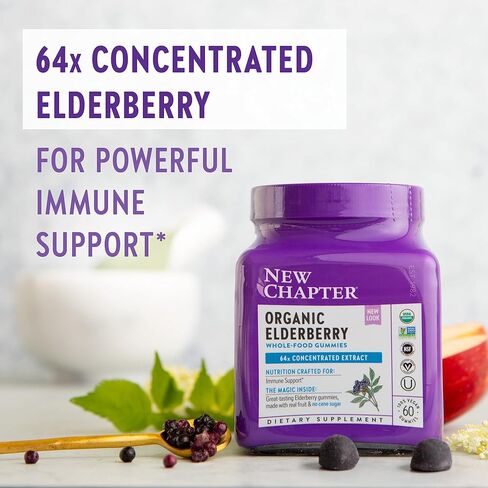 New Chapter Elderberry Gummies for Adults & Kids (2+), USDA Organic 64x Concentrated Elderberry for Immune Support, Great-Tasting Whole-Food Gummies, Vegan & Non-GMO - 60 ct in Kuwait