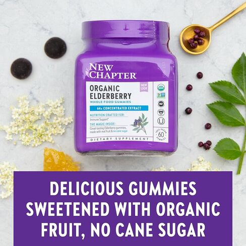 New Chapter Elderberry Gummies for Adults & Kids (2+), USDA Organic 64x Concentrated Elderberry for Immune Support, Great-Tasting Whole-Food Gummies, Vegan & Non-GMO - 60 ct in Kuwait