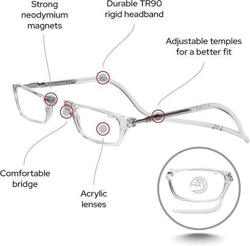 Clic Magnetic Reading Glasses, Computer Readers, Replaceable Lens, Adjustable Temples, Original, (S-M, Clear, 1.25 Magnification) in Saudi Arabia