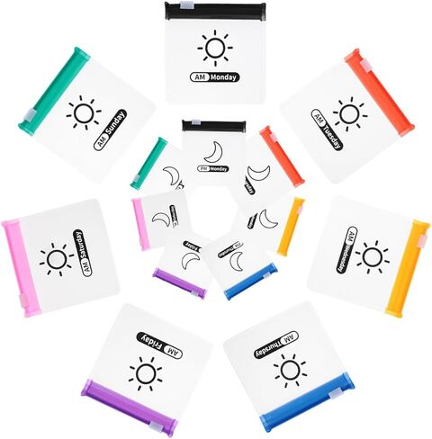 56 قطعة من منظم حبوب الدواء للسفر مع ملصقات، صيدلية جيب ذاتية الغلق يوميا صباحا/مساء، منظم حبوب الدواء الشهري، حقيبة ادوية قابلة لاعادة الاستخدام وشفافة لتخزين الاشياء الصغيرة من دازليمارت in Kuwait