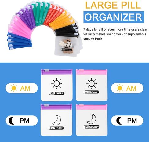 56 قطعة من منظم حبوب الدواء للسفر مع ملصقات، صيدلية جيب ذاتية الغلق يوميا صباحا/مساء، منظم حبوب الدواء الشهري، حقيبة ادوية قابلة لاعادة الاستخدام وشفافة لتخزين الاشياء الصغيرة من دازليمارت in Kuwait