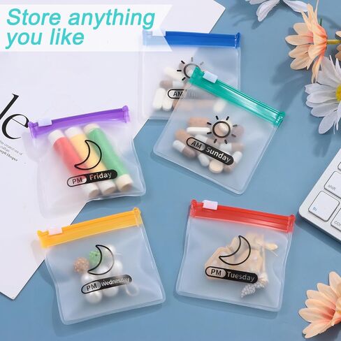 56 قطعة من منظم حبوب الدواء للسفر مع ملصقات، صيدلية جيب ذاتية الغلق يوميا صباحا/مساء، منظم حبوب الدواء الشهري، حقيبة ادوية قابلة لاعادة الاستخدام وشفافة لتخزين الاشياء الصغيرة من دازليمارت in Kuwait