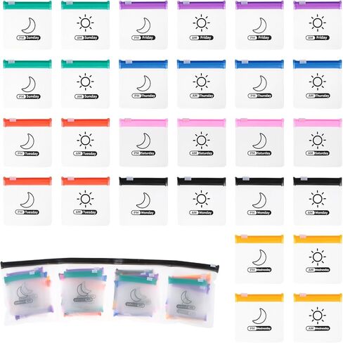 56 قطعة من منظم حبوب الدواء للسفر مع ملصقات، صيدلية جيب ذاتية الغلق يوميا صباحا/مساء، منظم حبوب الدواء الشهري، حقيبة ادوية قابلة لاعادة الاستخدام وشفافة لتخزين الاشياء الصغيرة من دازليمارت in Kuwait