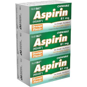 HealthA2Z® Aspirin 81mg Chewable | Low Strength | 3 Packs with 36 Chewable Tablets in Each (108 Tablets Total) | Orange Flavor | Pain Reliever | Reduce Headaches & Pains in Saudi Arabia