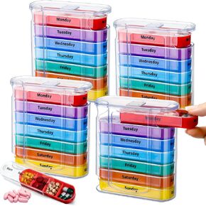 ياومياو 4 قطع منظم حبوب الدواء الأسبوعي 4 مرات في اليوم، علبة حبوب منع الحمل المحمولة منظم الطب الشخصي 1 موزع حبوب مع 7 مقصورات قابلة للتكديس للفيتامينات وزيوت السمك ومكملات الحبوب in Kuwait