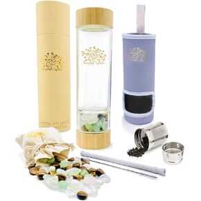 Simply Crystal Bamboo Water Bottle w/Infuser and carrying sleeve for hot and cold drinks. Luxury gift for women, yoga, and meditation with crystal mix (Clear Quartz, Tiger Eye, Green Fluorite) in Saudi Arabia