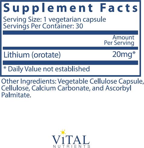 Vital Nutrients Lithium Orotate | Vegan Lithium Supplements for Memory, State of Mind, and Behavioral Health* | 20mg | Gluten, Dairy, Soy Free | 90 Capsules in Saudi Arabia