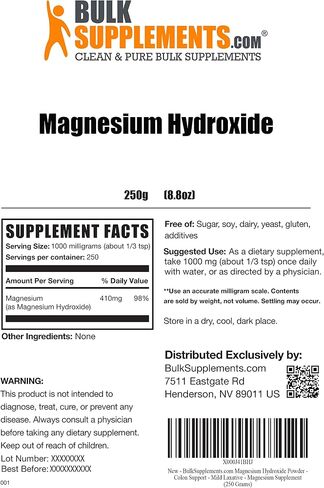 BulkSupplements.com Magnesium Hydroxide Powder - Food Grade Magnesium Hydroxide, Magnesium Hydroxide Supplement - 1000mg (410mg of Magnesium) per Serving, 500g (1.1 lbs) (Pack of 1) in Saudi Arabia