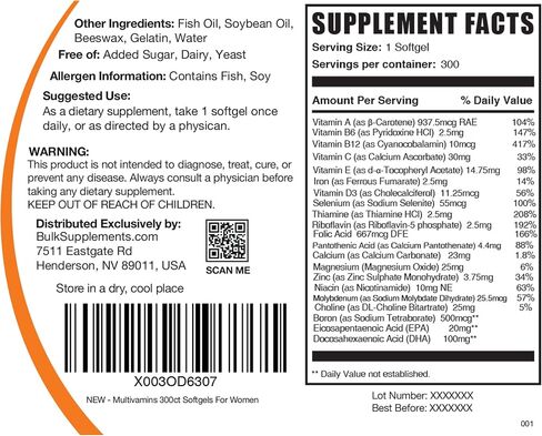 BULKSUPPLEMENTS.COM فيتامينات متعددة للنساء - فيتامينات يومية متعددة مع زيت السمك، مكملات متعددة المعادن، فيتامينات يومية - 1 كبسولة هلامية متعددة الفيتامينات للنساء لكل وجبة، كمية تكفي 300 يوم، 300 كبسولة هلامية in Kuwait