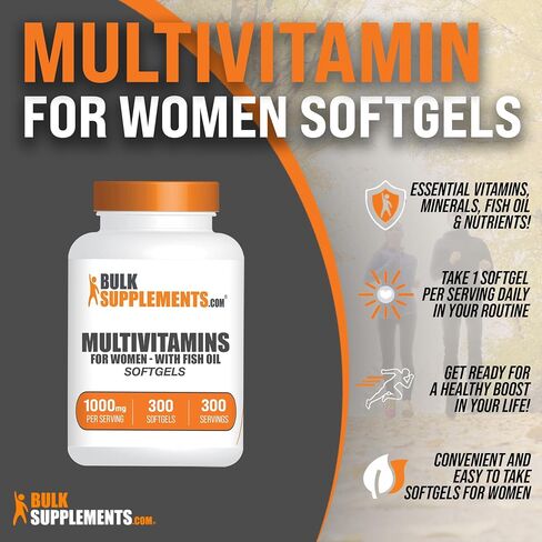 BULKSUPPLEMENTS.COM فيتامينات متعددة للنساء - فيتامينات يومية متعددة مع زيت السمك، مكملات متعددة المعادن، فيتامينات يومية - 1 كبسولة هلامية متعددة الفيتامينات للنساء لكل وجبة، كمية تكفي 300 يوم، 300 كبسولة هلامية in Kuwait