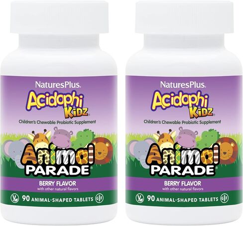 NaturesPlus Animal Parade AcidophiKidz, Berry Flavor - 90 Chewable, Animal-Shaped Tablets - Pack of 2 - with Probiotics, FOS & Grape Seed - 180 Total Servings in Kuwait